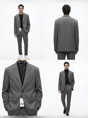 Zara Men's Grey Single-Breasted Suit Jacket